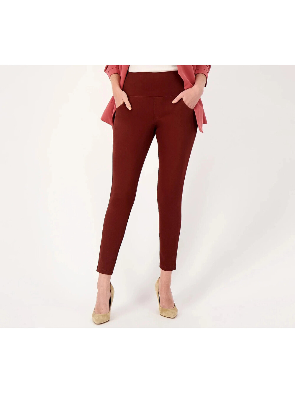 Women w/ Control Regular Stretch Demin Leggings with Pockets Chocolate Plum 1X